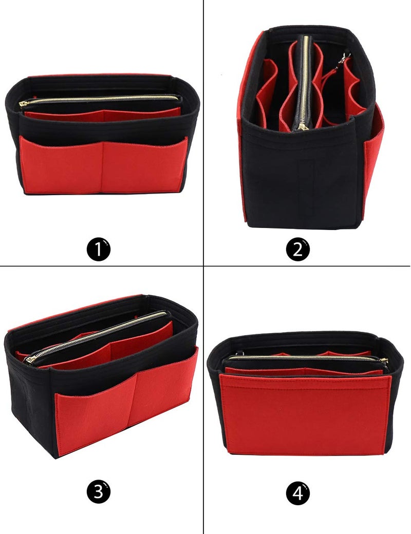 LEXSION Felt Purse Bag Organizer Insert with zipper Bag Tote Shaper Fit Speedy Neverful PM MM 8021 Black-red M - Image 3